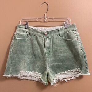 Tie Dye Style Light Green Wash Denim Shorts